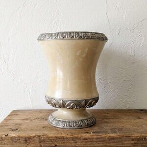 Vintage Neoclassical Alabaster Style Footed Planter Urn Silver Ornate Trim 10"